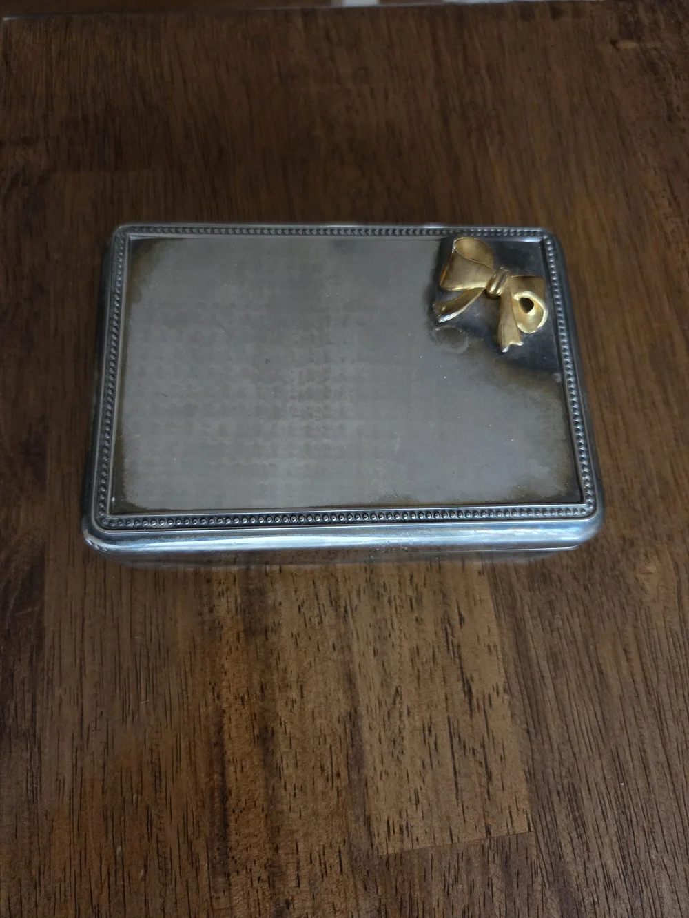 Vintage Silver Tone Jewerly Box with Gold Bow Accent & Mirror